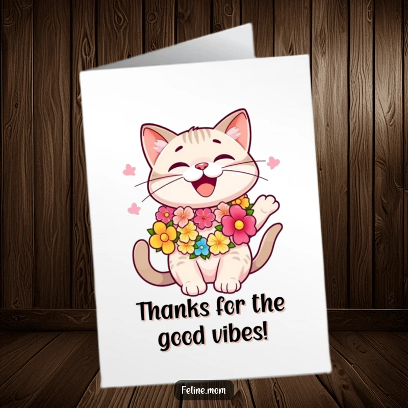 Funny Free Printable Party Cat Thank You Card: Cat in a colorful lei sways rhythmically, conveying thanks.