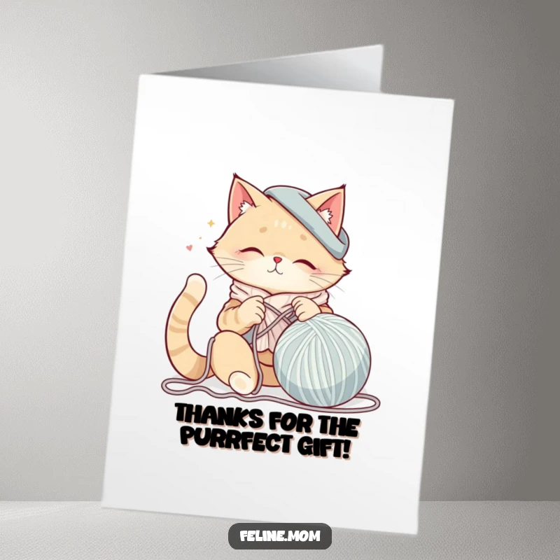 Funny Free Printable Thank You Card: A happy cat lady happily knits a giant ball of yarn, conveying her thanks.