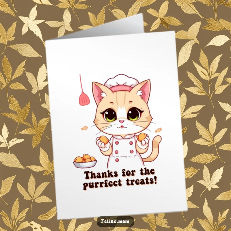 Funny free printable thank you card: Cat lady chef proudly presents delicious tiny fish treats as a token of thanks.