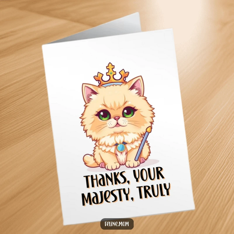 Funny Free Printable Thank You Card: A majestic Persian cat dons a small crown and scepter, offering a humorous and regal expression of thanks.