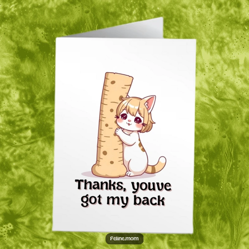 Funny Free Printable Thank You Card: A cat lady proudly accompanied by a giant scratching post, conveying thanks.