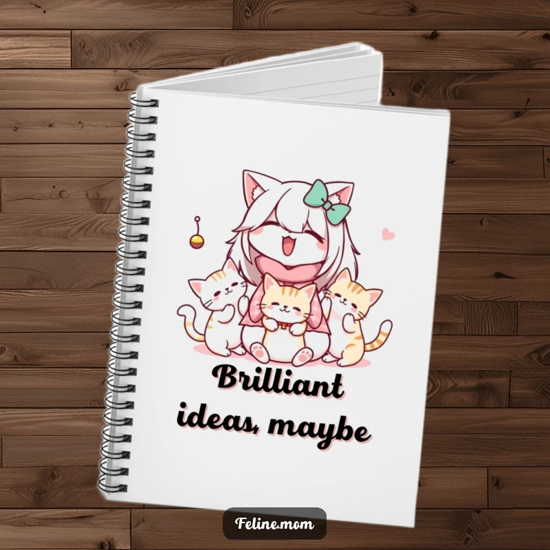 Funny Kawaii Cat Lady Notebook featuring a sweet character watching cats play with a dangling toy, ideal for journaling.