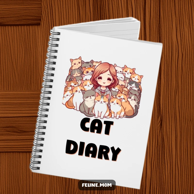 Funny notebook cover with a woman surrounded by a purring mob of cats, looking adored. A humorous stationery item.
