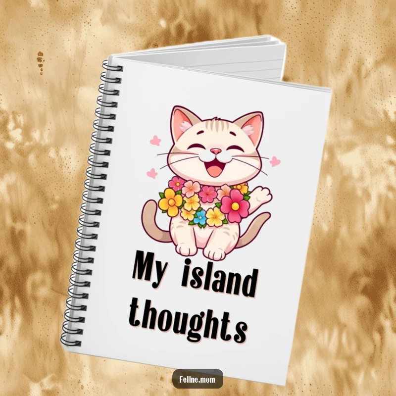 Funny happy cat wearing a colorful lei, swaying, tropical notebook, journal, island dreams, funny gift.