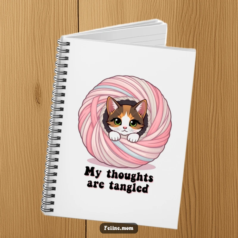 Funny curious calico cat peeking from a yarn ball, ideal for journaling and a funny gift.