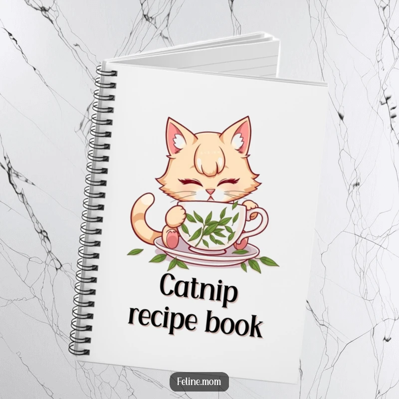 Funny illustration of a cat lady attempting to drink from a teacup filled with catnip, on a notebook.