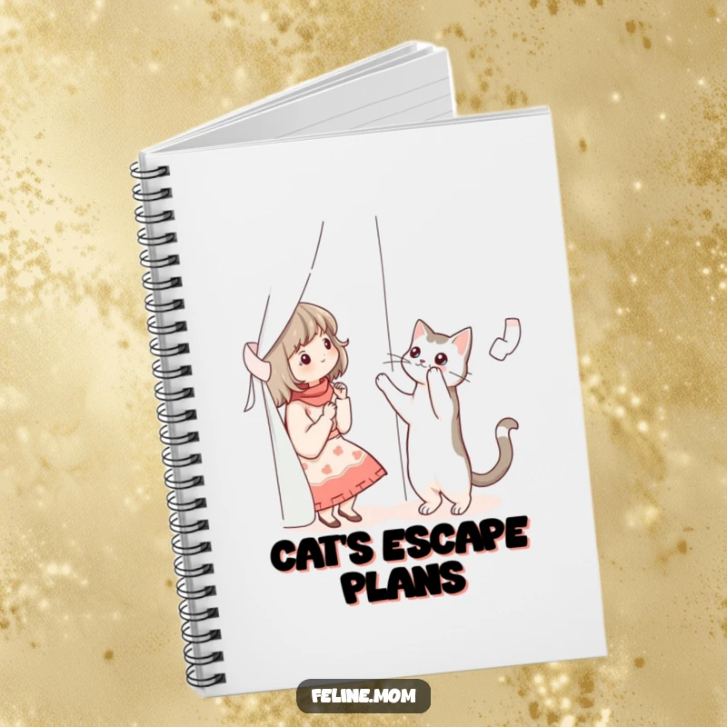 Funny illustration of a cat lady reaching for a cat climbing a curtain, on a lined notebook cover.