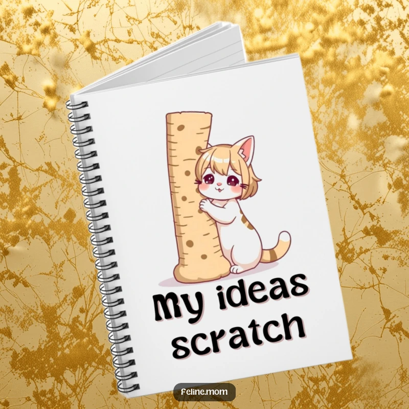 Funny illustration of a cat lady with a giant scratching post as her companion, on a notebook.