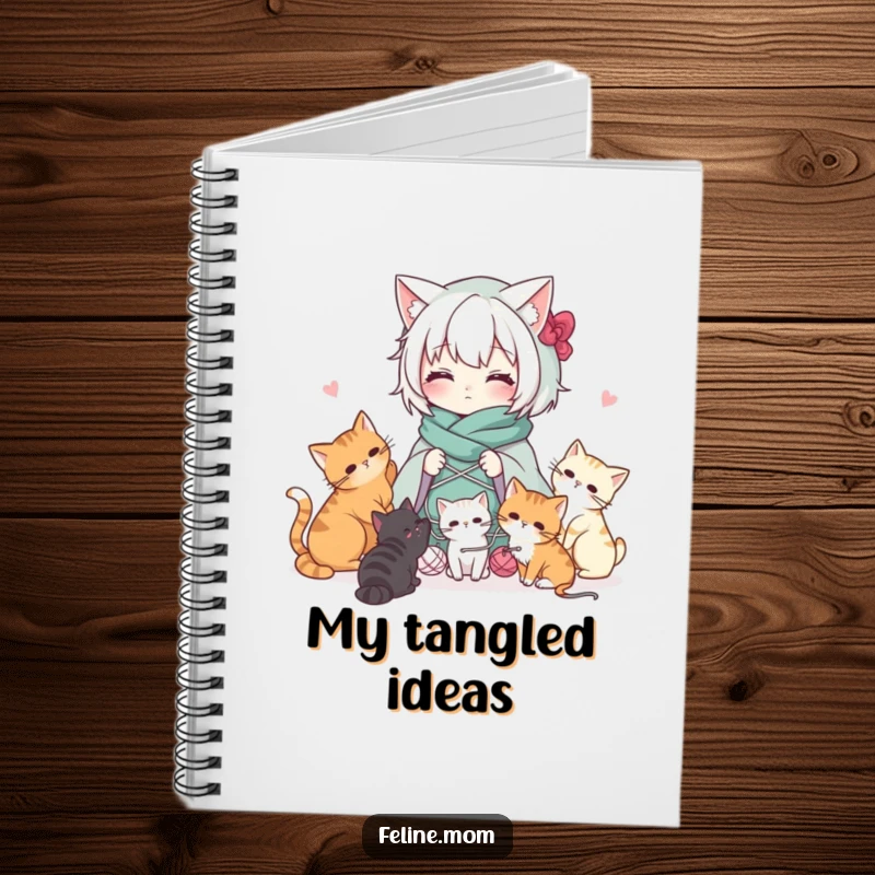 Funny Kawaii cat lady character draped in yarn with cats playing, on the cover of a notebook. Great for creative ideas.