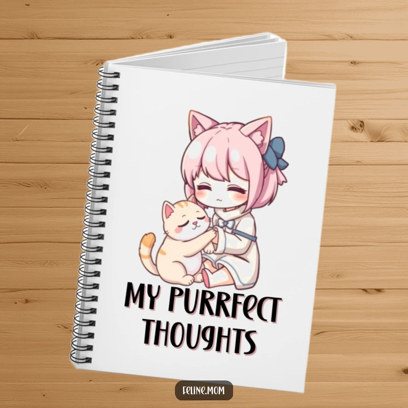 Funny Kawaii cat lady character gently petting a purring cat, on the cover of a notebook. Ideal for recording thoughts.