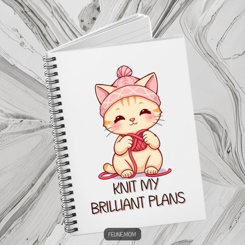 Funny cute cat character in a tiny yarn hat, knitting, ideal for journaling and a funny gift.