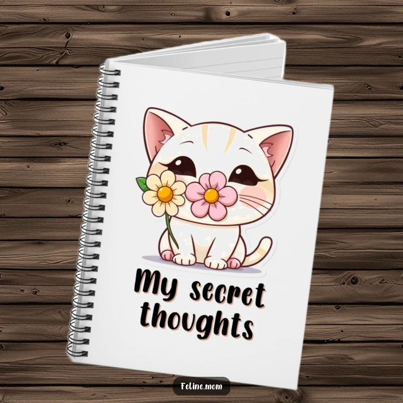 Funny notebook cover with a shy cat wearing a flower, curiously peeking from behind. Great for journaling, sketching, or note-taking with a smile.