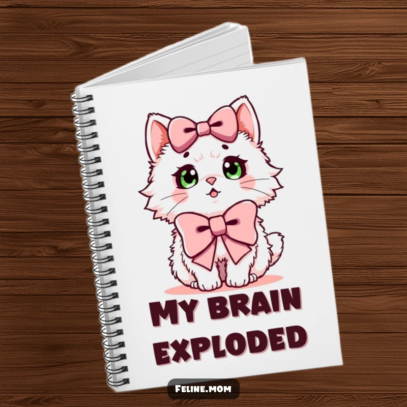 Funny notebook with a fluffy cat looking surprised, wearing a large bow, perfect for writing notes.