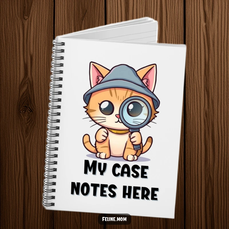 Funny notebook featuring a cat wearing a tiny detective hat and holding a magnifying glass, perfect for note-taking and as a funny gift.