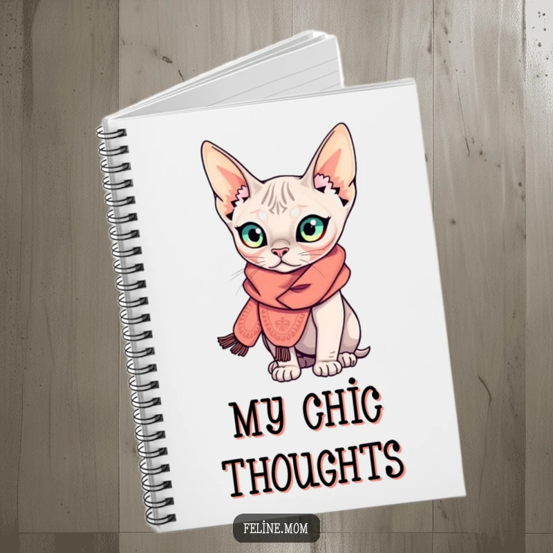 Funny Sphynx cat notebook featuring a curious, hairless cat wearing an elaborate scarf, perfect for stylish and hilarious note-taking.