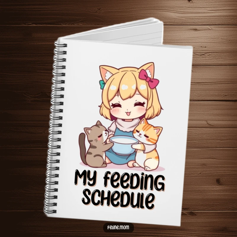 Funny Kawaii cat lady character offering a bowl of milk to a cat, on the cover of a notebook. Great for jotting ideas.