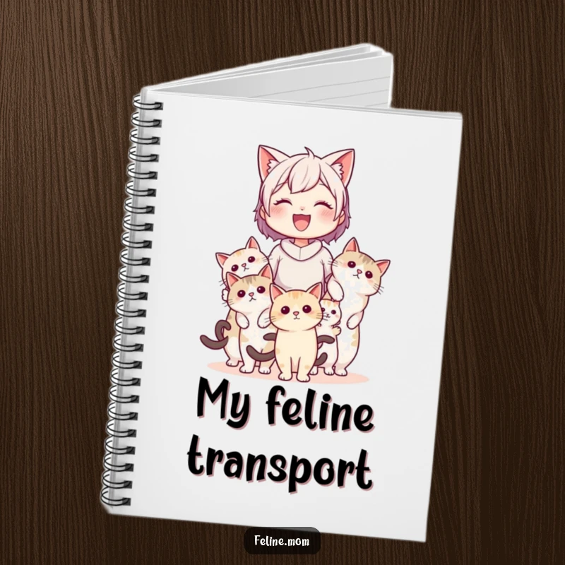 Funny cat lady being carried by several cats sits on the cover of a notebook, inspiring users to write about their delightful feline experiences.