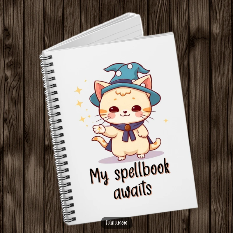 Funny wizard cat wearing a wizard hat, writing in a notebook, magical journal, whimsical, funny gift for writers.