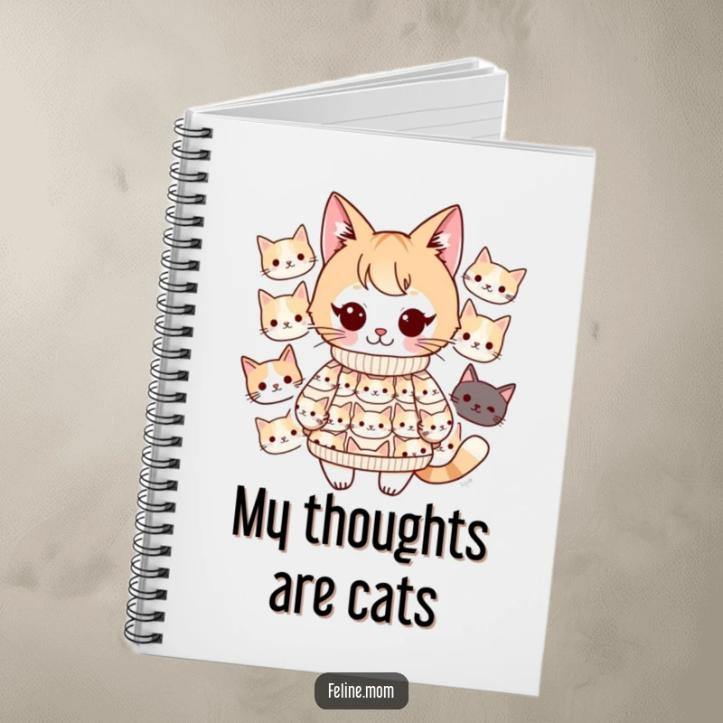 Funny Kawaii cat lady character on the cover of a notebook, wearing a sweater with many cat faces. Great for jotting notes.