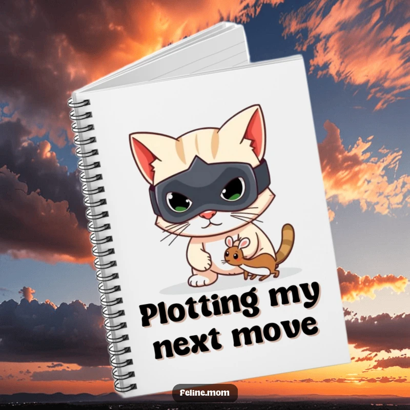 Funny notebook with a mischievous cat bandit in a mask, holding a pen, ready to write plans.