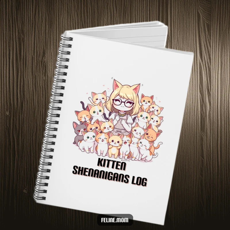 Funny cat lady design with a playful mob of kittens sits on the cover of a notebook, inspiring users to write about their feline friends.