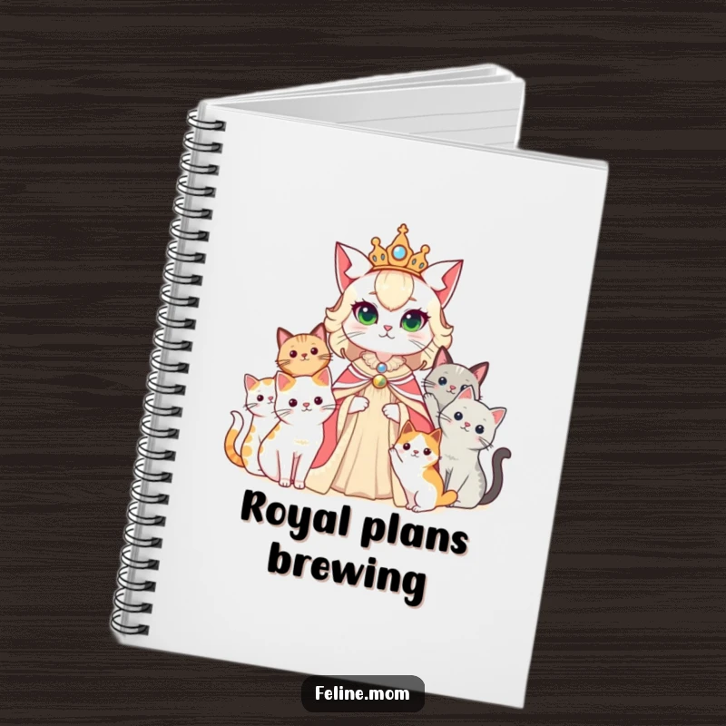 Funny cat lady as a queen, with her cats as her court, on a notebook cover for regal thoughts.
