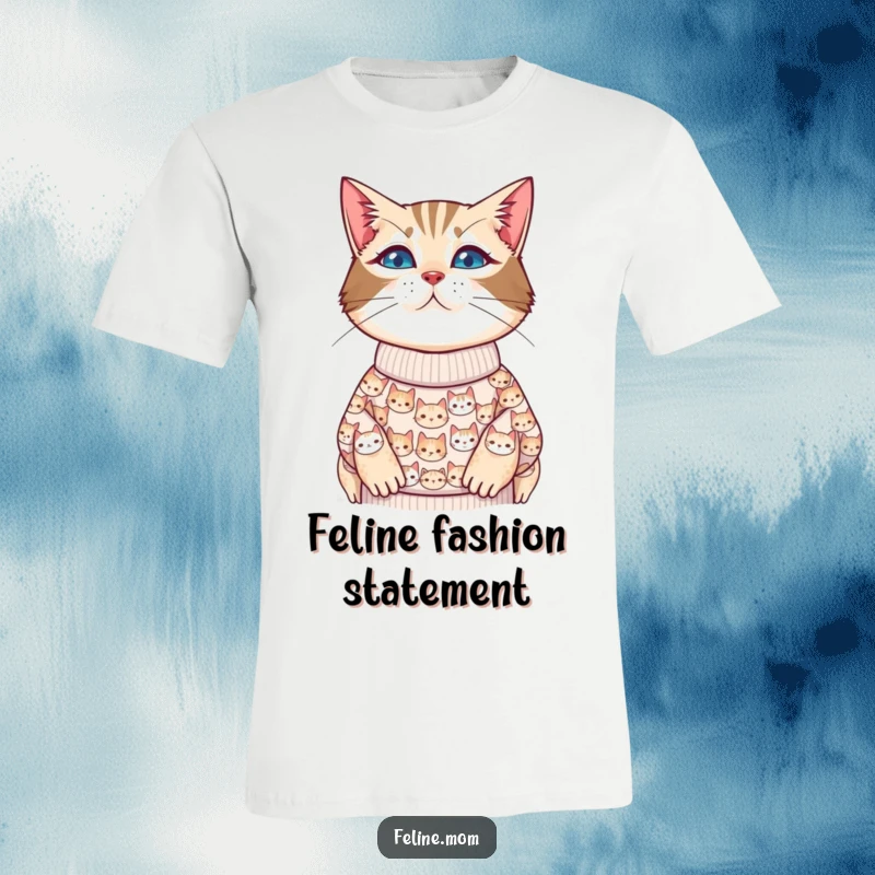 Funny cat lady t-shirt depicting a woman wearing a sweater covered in small, cute cat faces, celebrating cat obsession.