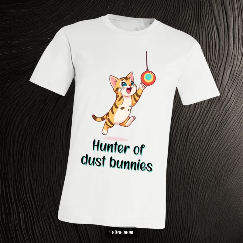 Funny Bengal Cat Toy Leap T-Shirt: An athletic Bengal cat is captured mid-air, leaping towards a suspended toy with intense focus.