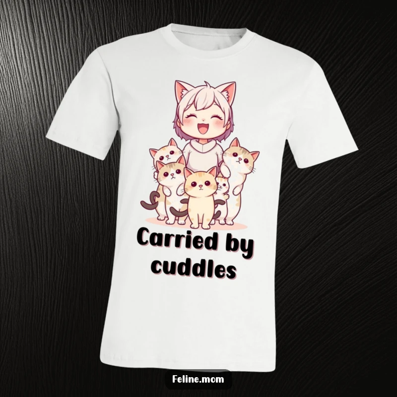 Funny cat lady being happily carried by multiple cats on a comfortable t-shirt, displaying a humorous and affectionate feline transport scene.