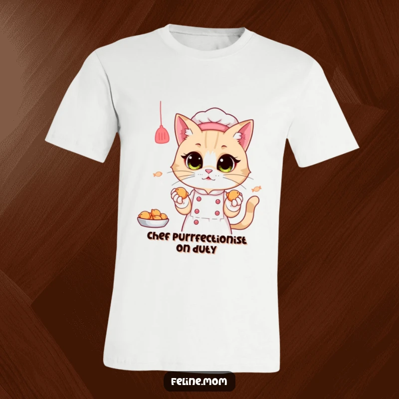 Funny T-Shirt: A charming cat lady chef, sporting a hat, presents miniature fish treats with a proud smile.