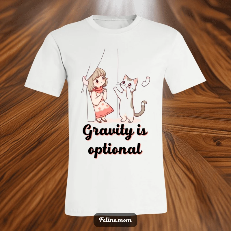 Funny illustration of a cat lady reaching for a cat climbing a curtain, printed on a comfortable t-shirt.