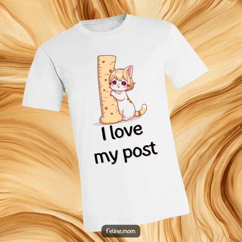 Funny illustration of a cat lady with a giant scratching post as her companion, on a t-shirt.
