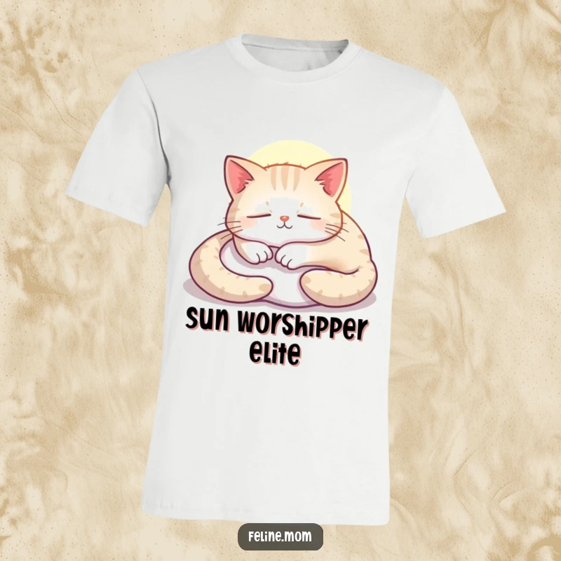 Funny cat t-shirt showing a contented cat napping peacefully in a bright sunbeam.