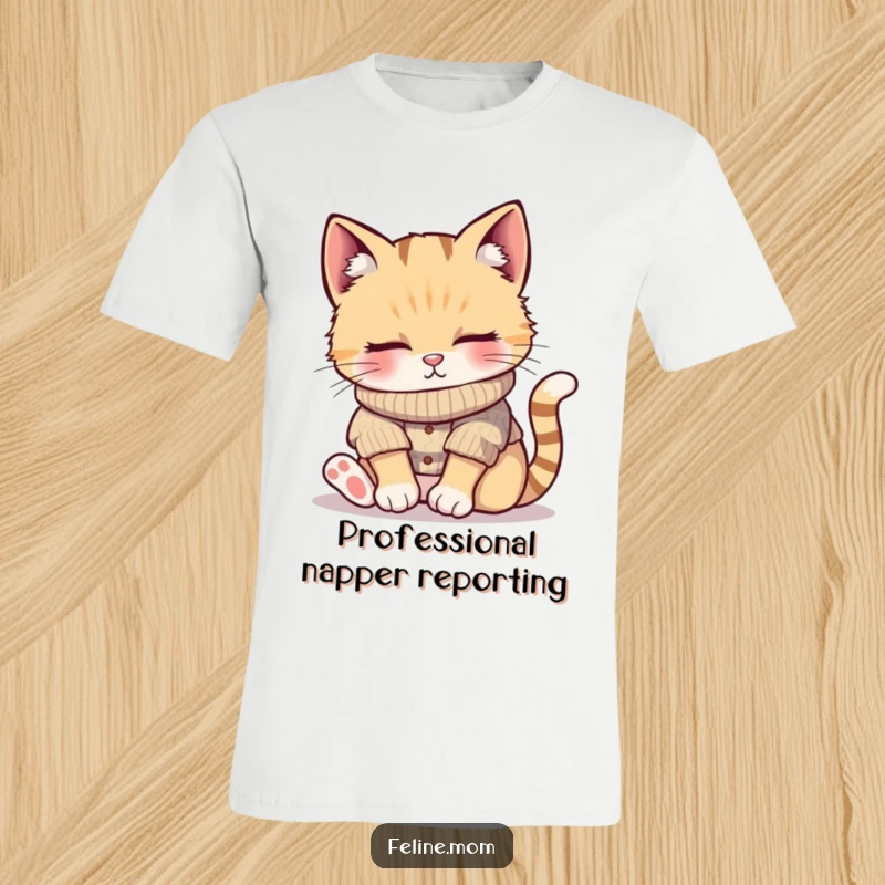 Funny t-shirt with a cute cat in a cozy knitted sweater, fast asleep in a patch of sunlight, embodying ultimate relaxation, a great funny gift.