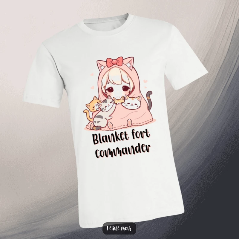 Funny Kawaii Cat Lady T-Shirt showing a sweet character sharing a warm blanket with several content cats, radiating coziness.