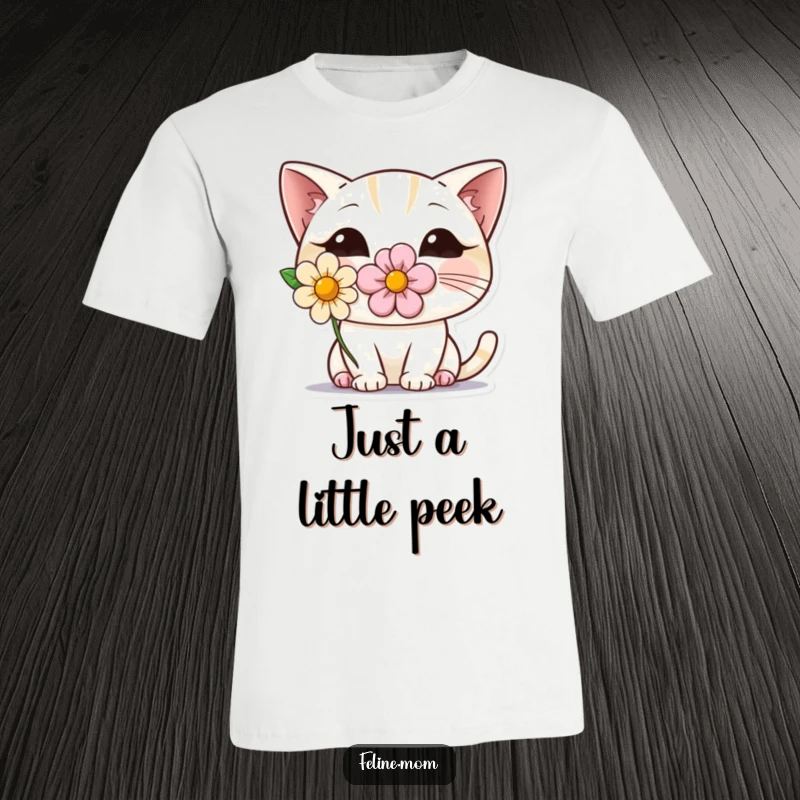 Funny t-shirt graphic of a shy cat wearing a flower, peeking innocently from behind an unseen object, conveying a cute and timid personality.