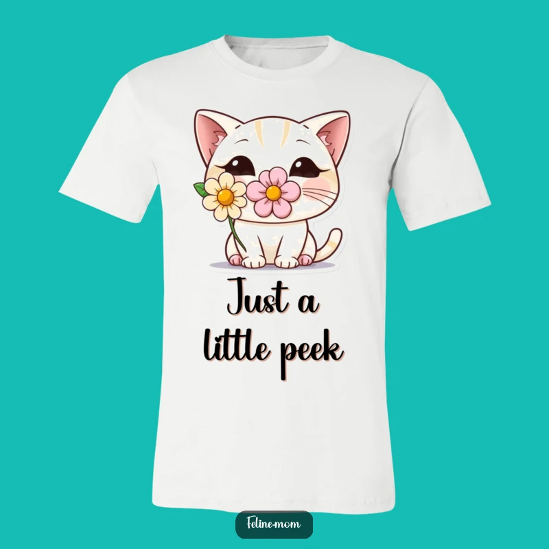 Funny Shy Cat T-Shirt: Cute Peeking Feline with Flower, Hilarious Gift for Cat Enthusiasts