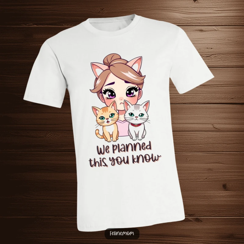 Funny t-shirt of a woman with a knowing smirk and a mischievous cat, highlighting their shared, playful, and secretive bond for humorous appeal.