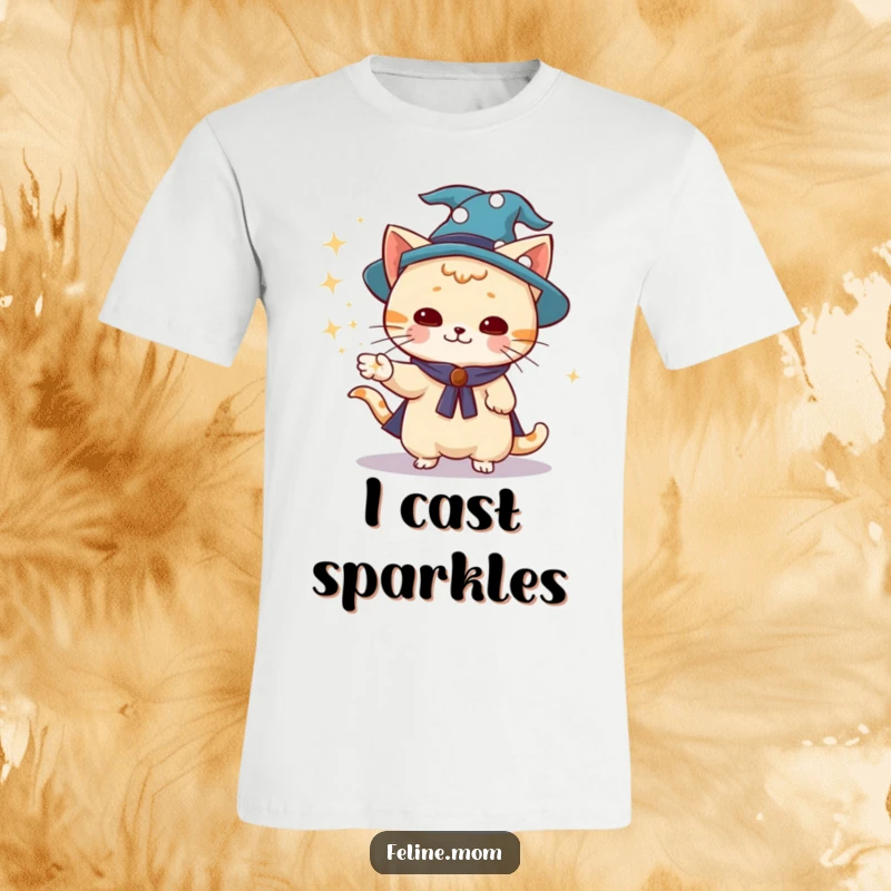 Funny wizard cat wearing a hat, conjuring sparkling dust with a paw, whimsical, magical, cute, funny t-shirt.