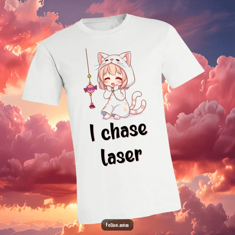 Funny t-shirt featuring a woman dressed as a cat, playfully batting at a hanging toy. A humorous and energetic design.