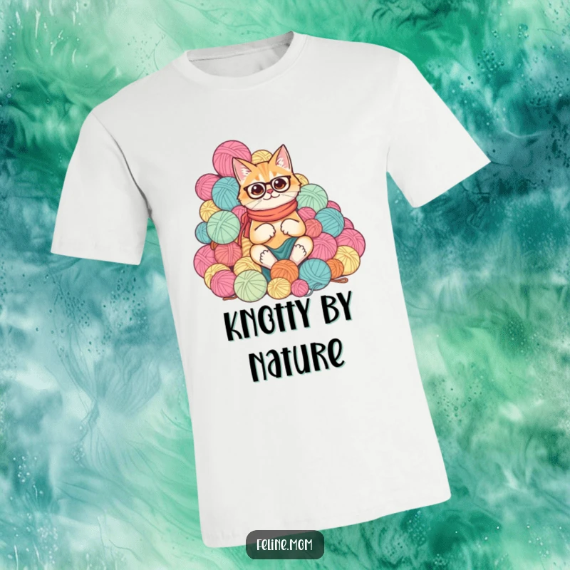 Funny cat lady submerged in a massive, comical pile of yarn balls, featured on a humorous t-shirt.