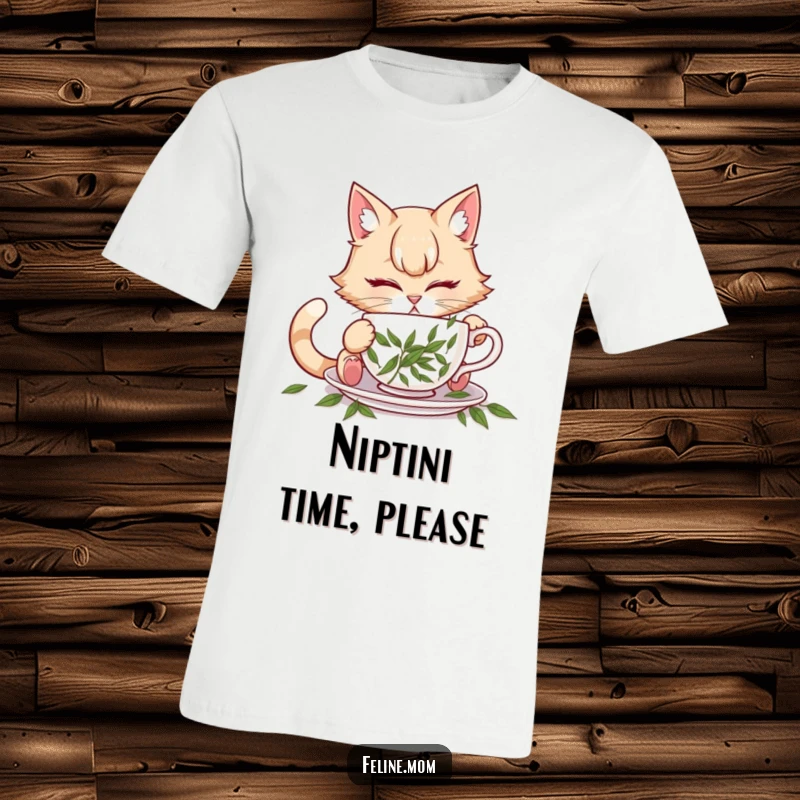 Funny illustration of a cat lady attempting to drink from a teacup filled with catnip, on a t-shirt.
