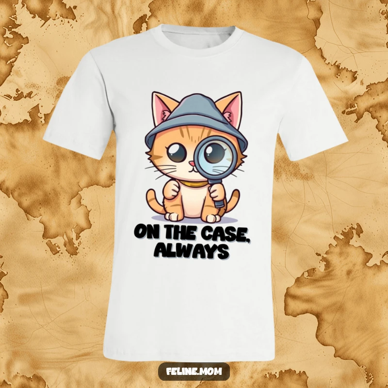 Funny t-shirt with a determined cat wearing a tiny detective hat and holding a magnifying glass, on the hunt for clues, a great funny gift.
