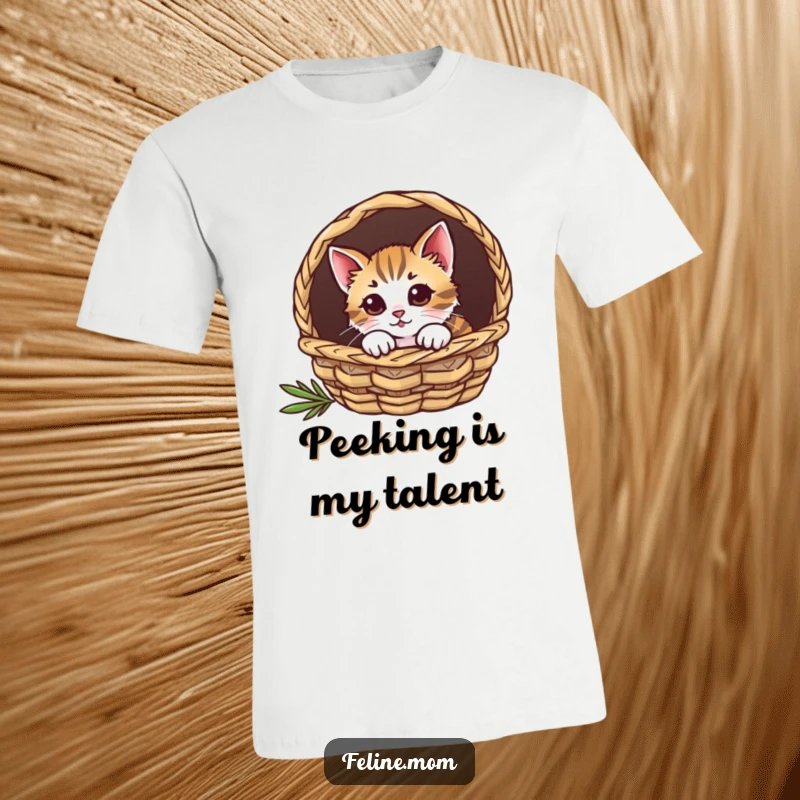 Funny cat t-shirt showing a curious cat peeking over the edge of a cozy basket.