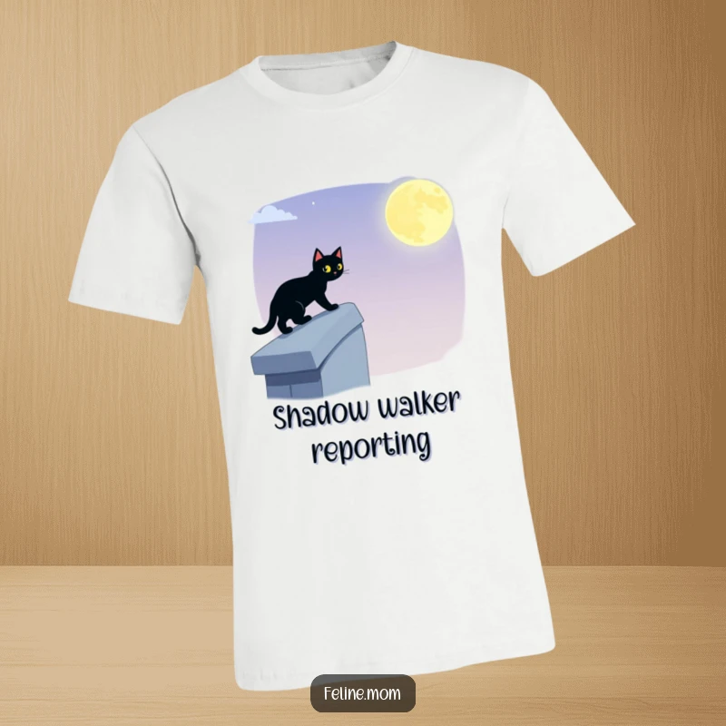Funny black cat t-shirt depicting a sleek feline stealthily walking across a moonlit rooftop, radiating silent, humorous mystery and agility.