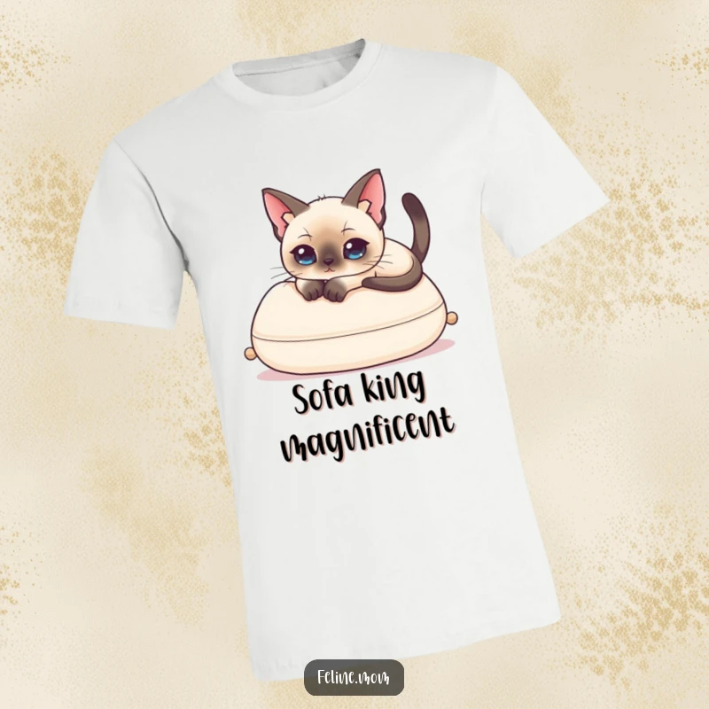 Funny Siamese Cat T-Shirt depicting an elegant cat gracefully lounging on a soft cushion, a symbol of pure, humorous comfort.