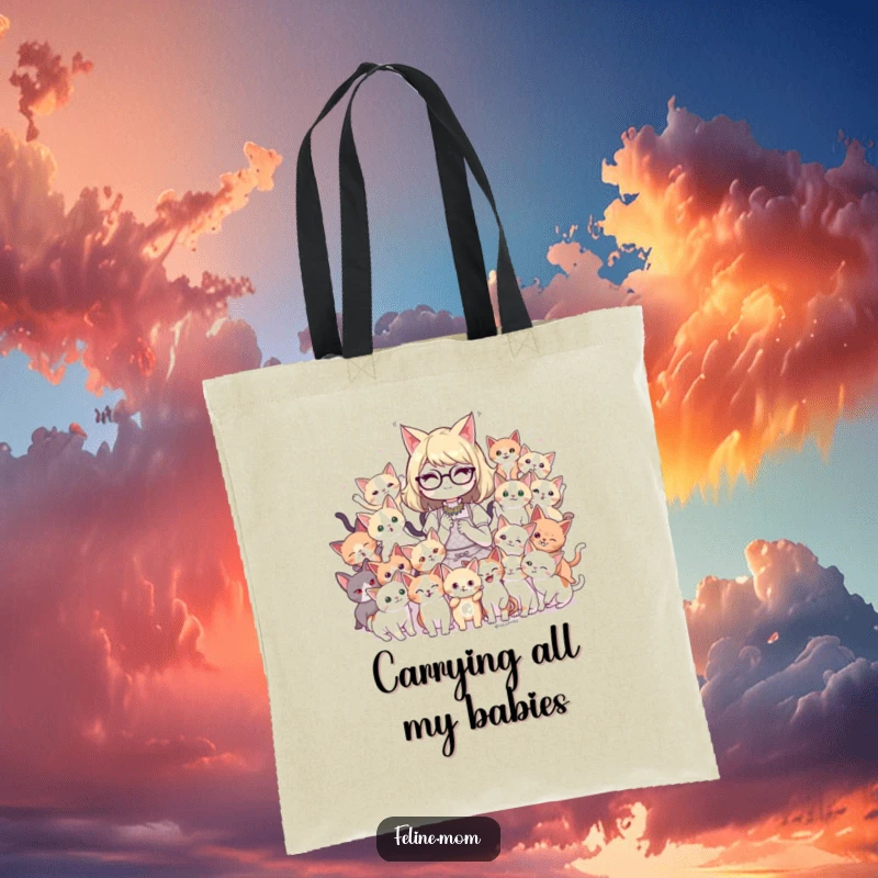 Funny cat lady design featuring a playful mob of kittens on a sturdy tote bag, perfect for carrying essentials with cat-themed humor.
