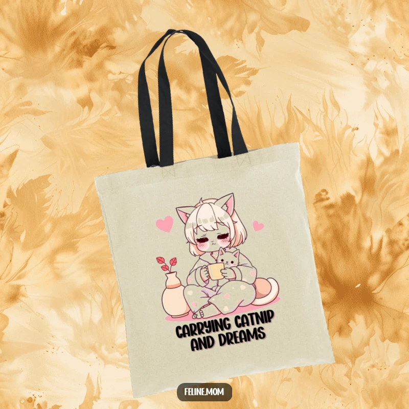 Funny cat lady illustration in pajamas, sharing tea with her cat, on a durable and humorous tote bag.