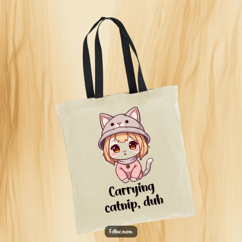 Funny cat lady illustration wearing a hat with cat ears, on a durable and reusable tote bag.