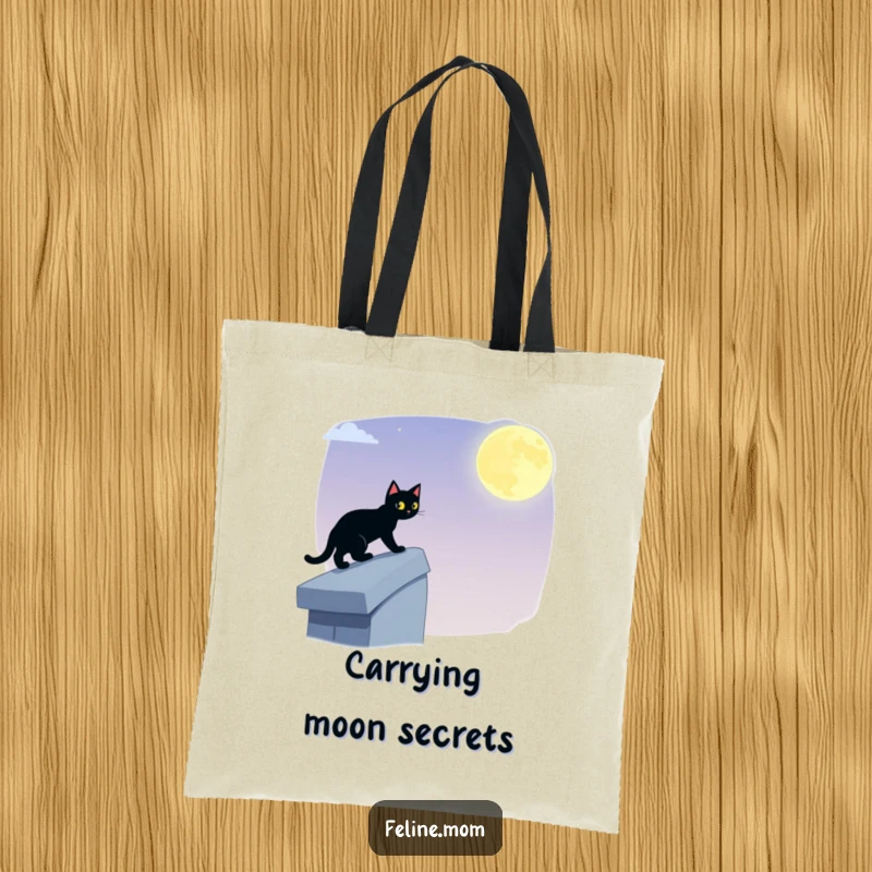 Funny black cat tote bag showing a stealthy feline tiptoeing across a moonlit rooftop, perfect for carrying treasures from nocturnal escapades.